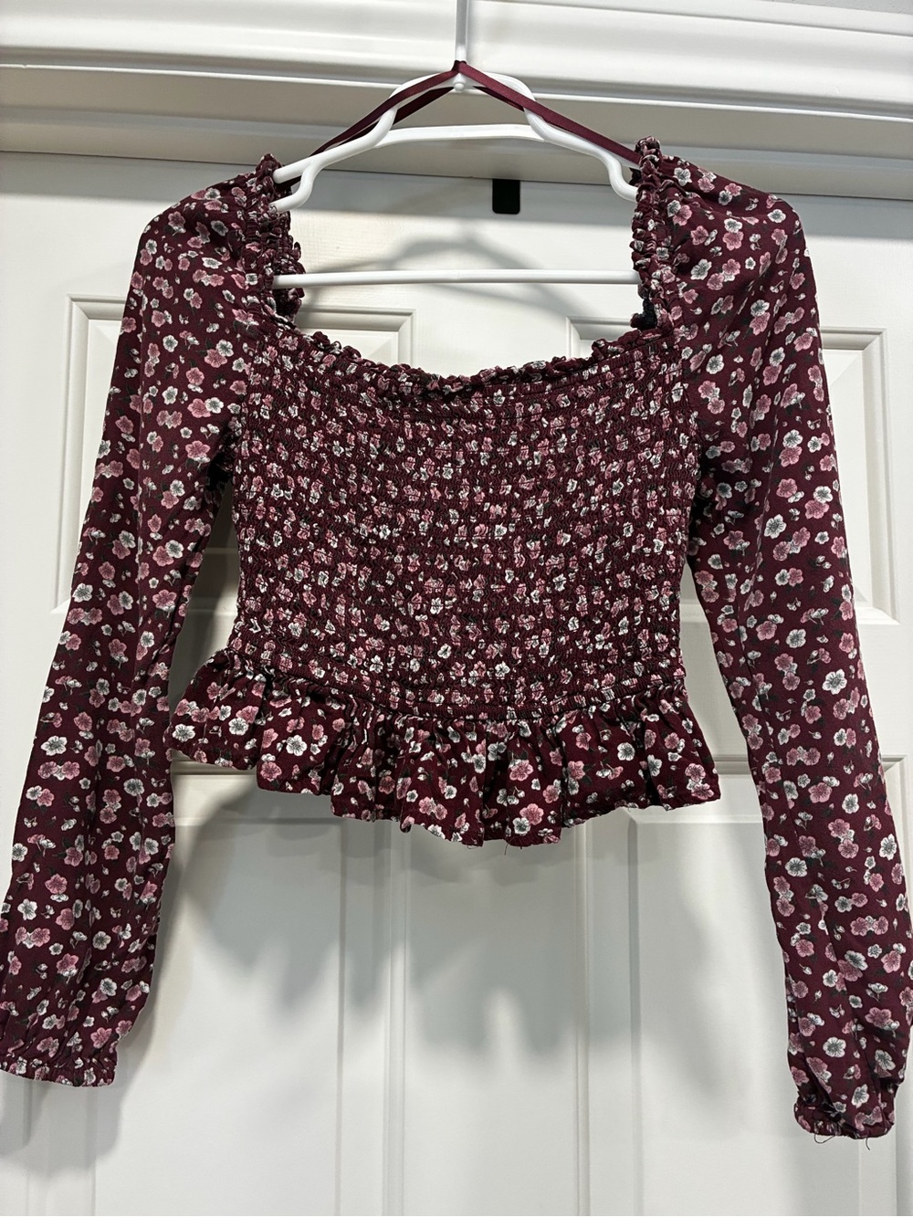wild fable Burgundy Floral Smocked Off-Shoulder Crop Top